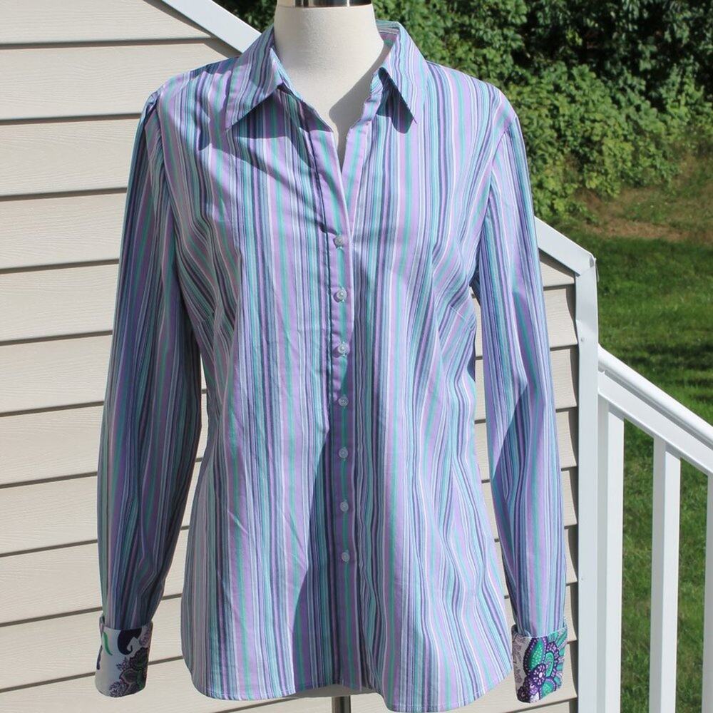 Tahari Women's Striped Paisley Elaine Shirt Casual Button Down Size L